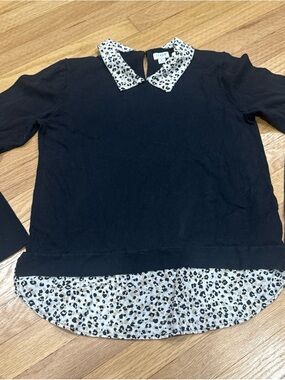 J. Crew Black long sleeve with Leopard-Print Collar & Hem